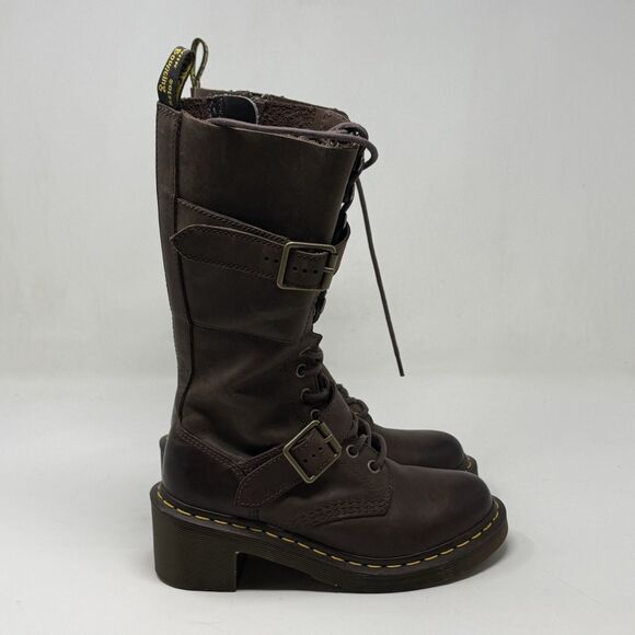 Dr. Martens Josefa Heeled Boots Womens 5 Brown Leather Zip Buckle Combat Moto